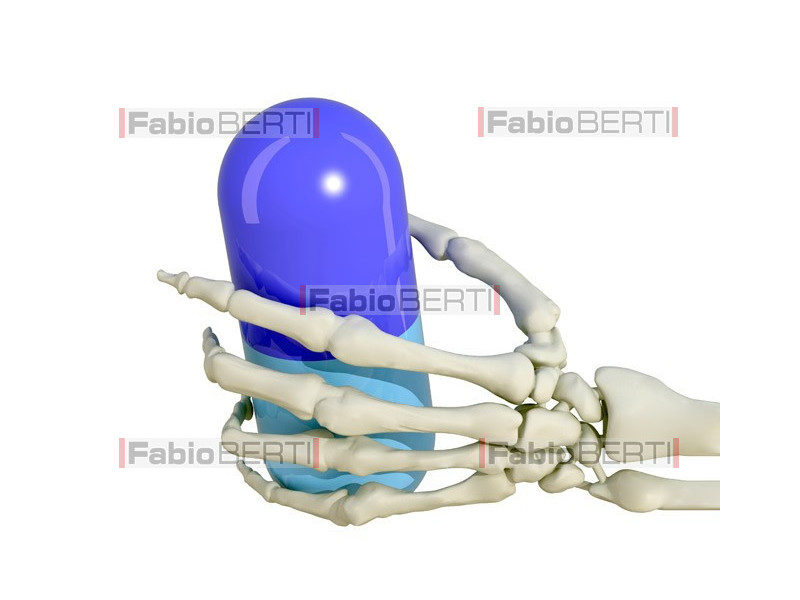 hand skeleton with pill